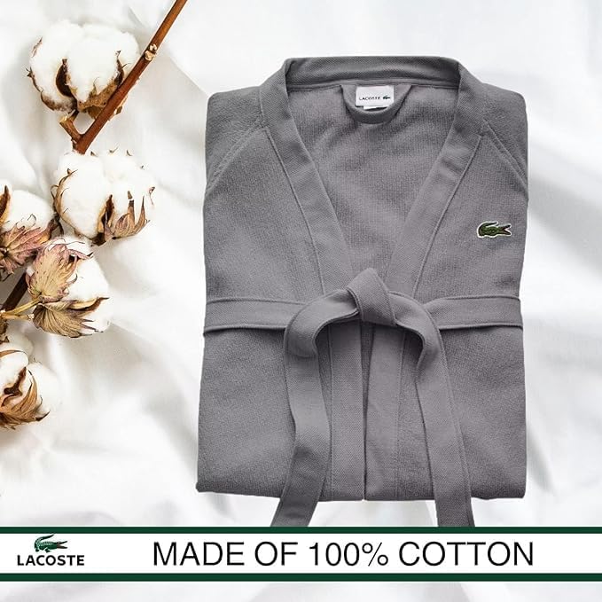 Lacoste Classic Pique Bath Robe, 100% Soft Cotton Terry, Unisex Adult Bathrobe, Absorbent & Quick Drying, One Size Fits Most