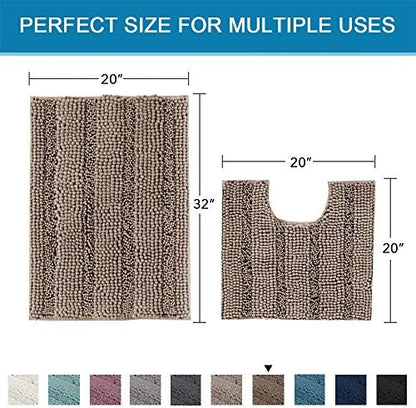 H.VERSAILTEX Bathroom Rugs Bath Rug Set 2 Piece Bathroom Contour Rug Toilet Mat Sets Non Slip Contour Bath Rug Ultra Thick Water Absorbent Striped Bath Mats(20" x 32" Plus 20" x 20" U, Taupe Brown)