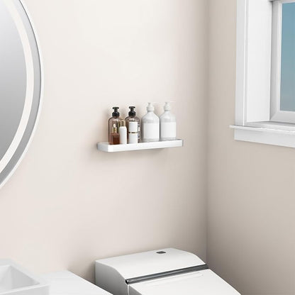 16-Inch Wall Shelf, Clear Tempered Glass with Matte Silver Aluminum Frame – Sleek Floating Bathroom Organizer