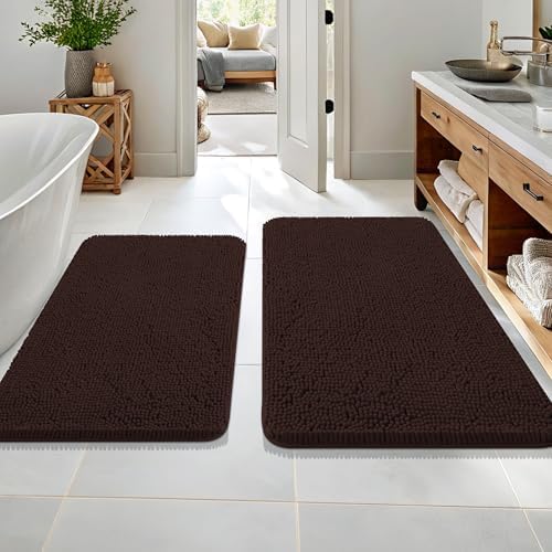 OLANLY Chenille Bathroom Rugs Mats Sets 2 Piece, 36"x24"+30"x20", Brown