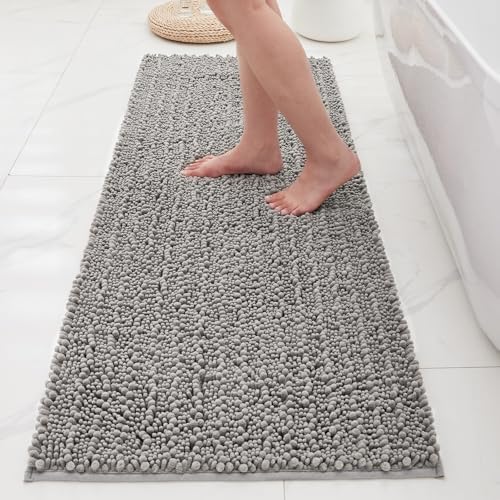 Bathroom Rugs Non Slip Washable 60x24, Extra Thick Soft Chenille Absorbent Bath Mat, High Density Barrier Non Slip Backing, Quick Dry Plush Shaggy Floor Carpet for Tub&Shower, Grey
