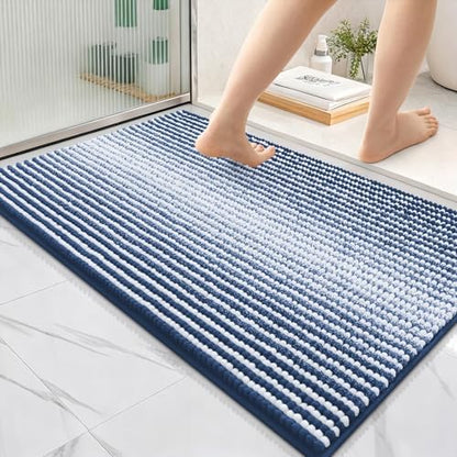 OLANLY Bathroom Rugs 36x24, Soft Chenille Striped Bath Rugs, Navy