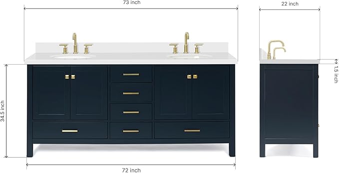 ARIEL Cambridge 72-inch Bathroom Vanity with Sink,Solid Wood, 1.5-inch Pure White Quartz Countertop & Backsplash, Double Oval Porcelain Sink, 4 Soft Closing Doors, 6 Dovetail Drawers, Midnight Blue