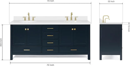 ARIEL Cambridge 72-inch Bathroom Vanity with Sink,Solid Wood, 1.5-inch Pure White Quartz Countertop & Backsplash, Double Oval Porcelain Sink, 4 Soft Closing Doors, 6 Dovetail Drawers, Midnight Blue