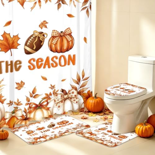 MEHOFOND Fall Shower Curtain Set 4-Piece Thanksgiving Decor Bathroom Set