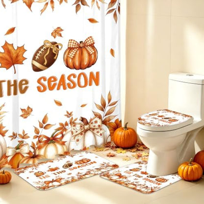 MEHOFOND Fall Shower Curtain Set 4-Piece Thanksgiving Decor Bathroom Set