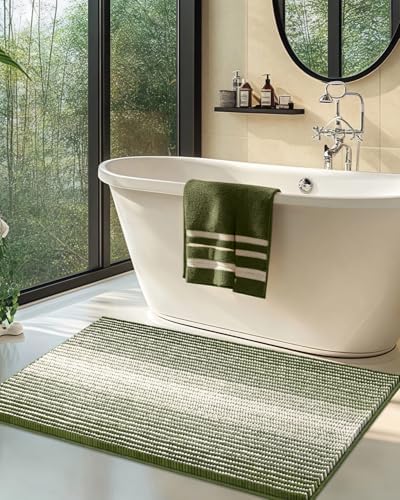 BSICPRO Large Chenille Bathroom Rugs, 24x43 Striped Bath Mats, Sage