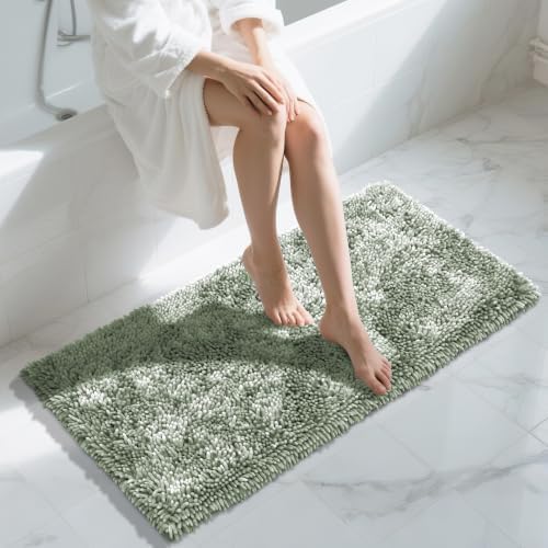 Yimobra Long Bathroom Rug Non Slip 44x24 Inch, Extra Thick Soft Absorbent Chenille Bath Mat, Machine Washable Bath Rugs for Bathroom Floor, Tub and Shower, Home Decor Accessories, Sage Green