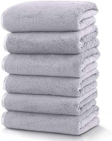 TENSTARS Silk Hemming Hand Towels for Bathroom - Quick Drying - Ultra Soft Microfiber Absorbent Towel for Bath Fitness, Gym, Shower, Hotel, and Spa - 16x28 Inch | Set of 6, Light Grey