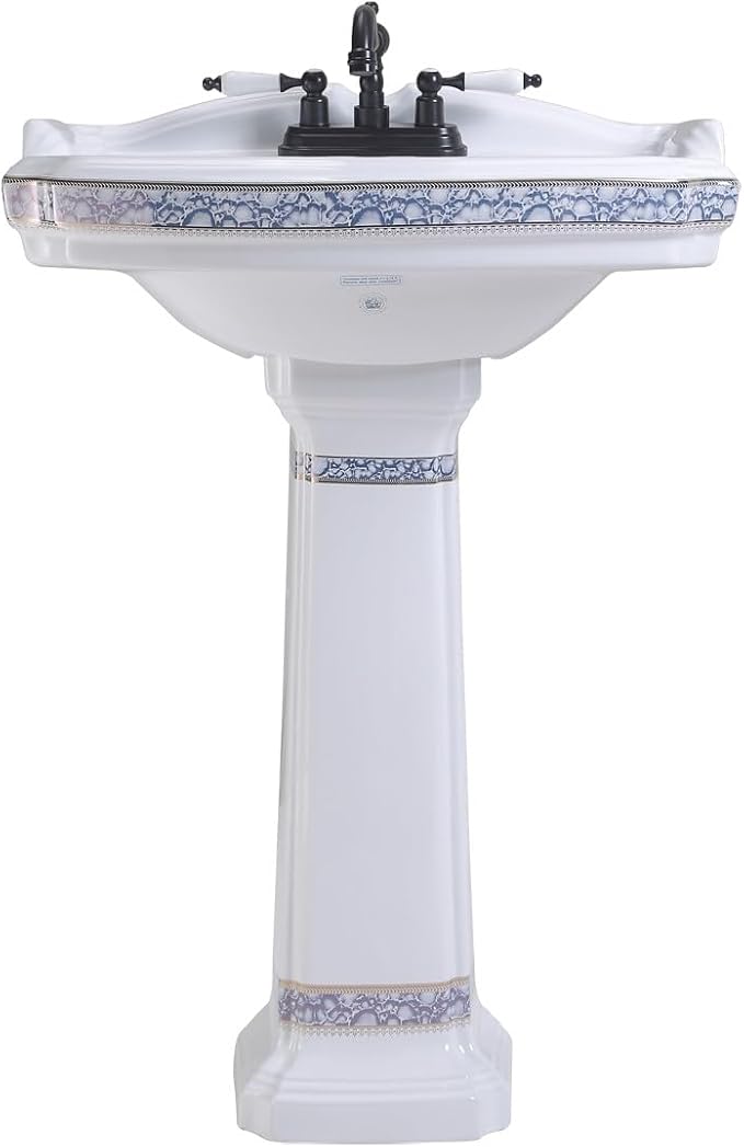 Renovators Supply Manufacturing India Reserve 23" W x 34.25" H x 18.5" Proj. Ornate Blue Gold Bathroom Pedestal Sink, Vitreous China, Compatible with 4 in. Centerset Faucets