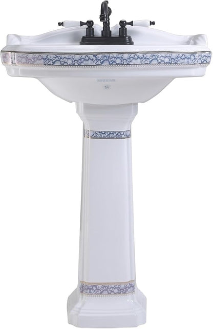Renovators Supply Manufacturing India Reserve 23" W x 34.25" H x 18.5" Proj. Ornate Blue Gold Bathroom Pedestal Sink, Vitreous China, Compatible with 4 in. Centerset Faucets