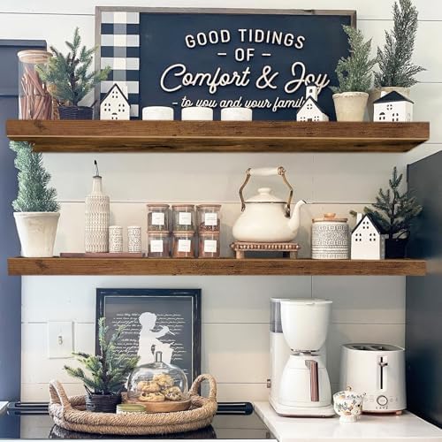QEEIG Floating Shelves for Wall 39.4" Long - Wall Mounted Shelf Bathroom Kitchen Living Room Bedroom Farmhouse Home Decor Display Bookshelf Large 39.4 x 9.3 inch Set of 2, Rustic Brown (008-100BN)
