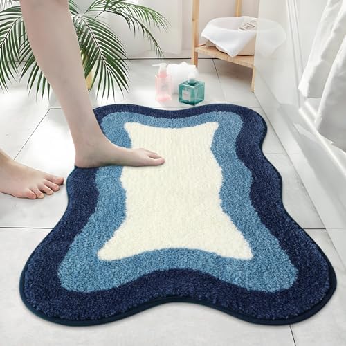 HAOCOO Blue Bathroom Rug, 20x31 inch, Extra Soft Non Slip Microfiber Absorbent Washable Shower Rug Doormat Carpet for Floor Tub Shower