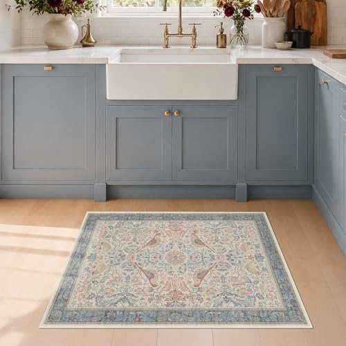 Hazo Haus Washable Red Blue 2x3 Entry Rug Front Door Indoor, Boho Cottagecore Kitchen Floor Rug, Non-Slip & Stain Resistant, Vintage Elegant Farmhouse Floral Décor