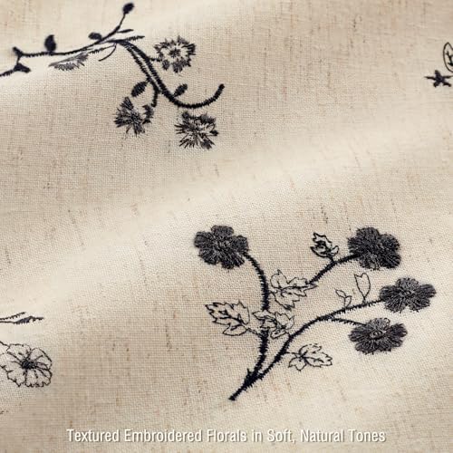 Black Floral Vintage Linen Shower Curtain Embroidered Textured 72Wx72H
