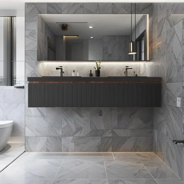 72'' Floating Bathroom Vanity with Double Quartz Sand Basins, Modern Wall-Mounted Striped Storage Cabinet & Soft-Close Drawer, Smoked Walnut