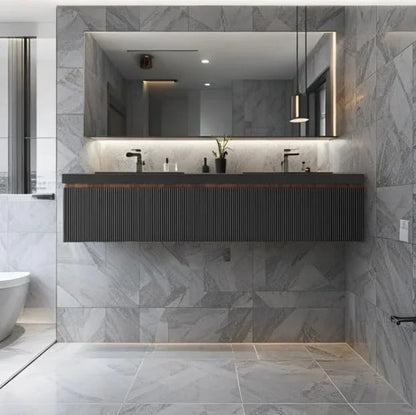 72'' Floating Bathroom Vanity with Double Quartz Sand Basins, Modern Wall-Mounted Striped Storage Cabinet & Soft-Close Drawer, Smoked Walnut