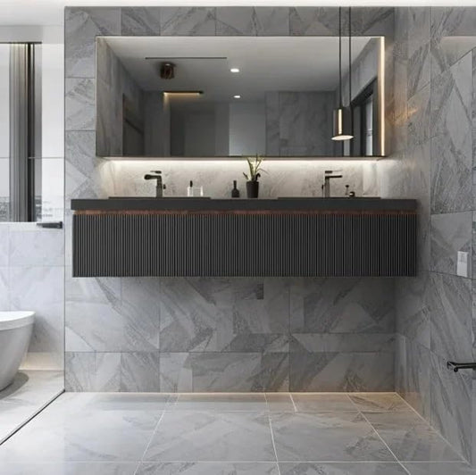 72'' Floating Bathroom Vanity with Double Quartz Sand Basins, Modern Wall-Mounted Striped Storage Cabinet & Soft-Close Drawer, Smoked Walnut