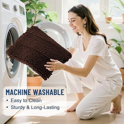 Grandaily Chenille Striped Bathroom Rugs 24x16, Extra Thick and Soft Absorbent Bath Mats, Rubber Backing, Plush Shaggy Shower Carpet, Machine Wash Dry, Bath Rug for Bathroom, Dark Brown