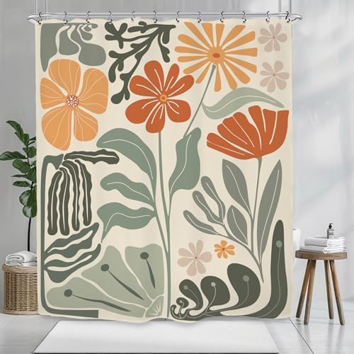 Retro Flower Matisse 70s Shower Curtain 60Wx72L Inch Colorful Groovy Vintage Trendy Funky Sage Green Orange Bathroom Set Accessories Decor with 12 Pack Hooks