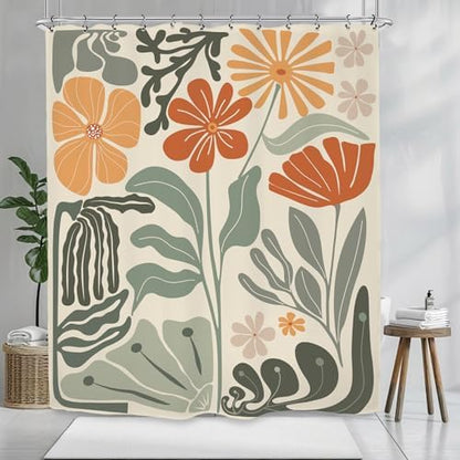 Retro Flower Matisse 70s Shower Curtain 60Wx72L Inch Colorful Groovy Vintage Trendy Funky Sage Green Orange Bathroom Set Accessories Decor with 12 Pack Hooks