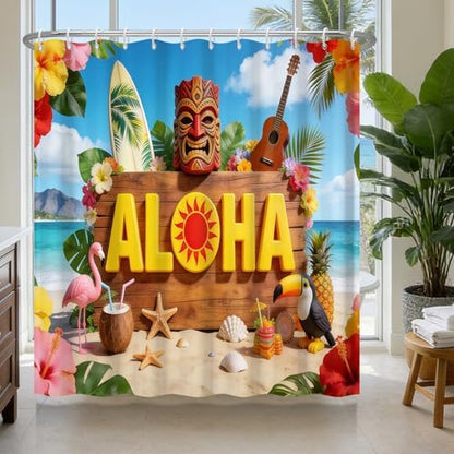 Hawaiian Summer Tropical Shower Curtain Set, Waterproof Shower Curtains for Bathroom with Weighted Hem, Machine Washable Fabric Shower Curtain with 12 Hooks, Colorful Coastal Beach Design, 72"W x 72"L