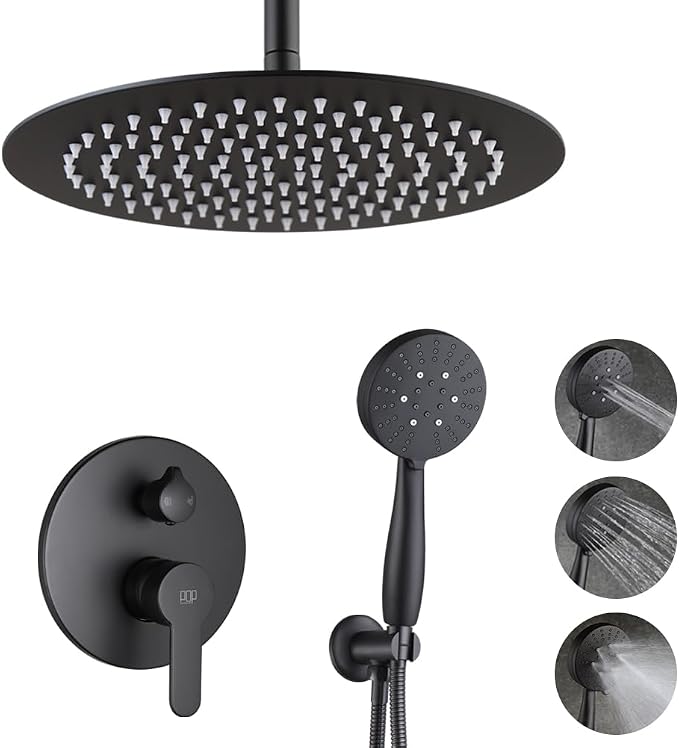 12 Inch Ceiling Mount Shower Faucet Set Matte Black Round Ceiling Shower Head and Handle Set Bathroom Rain Shower System Include Shower Valve and Trim Kit