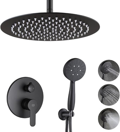 12 Inch Ceiling Mount Shower Faucet Set Matte Black Round Ceiling Shower Head and Handle Set Bathroom Rain Shower System Include Shower Valve and Trim Kit