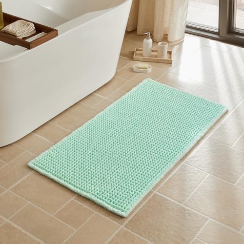 Triohero Waffle Bath Mat, Boho Bathroom Rugs Non Slip, 24x48 Sea Foam Blue