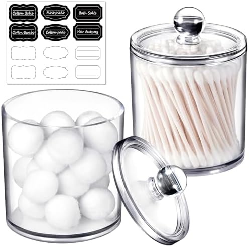 SheeChung 2 Pack Acrylic Qtip Holder with Labels, Qtip Jars for Bathroom