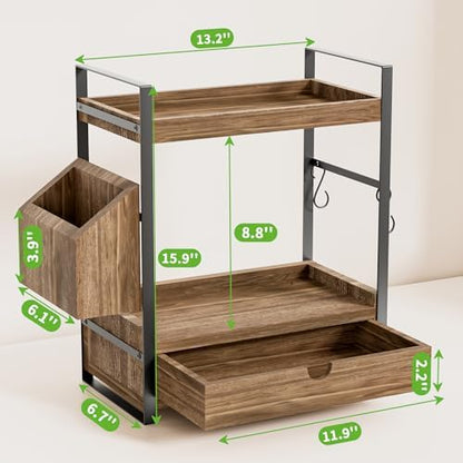 2-Tier Bathroom Counter Organizer, Wooden Vanity Shelf with Drawer & Basket