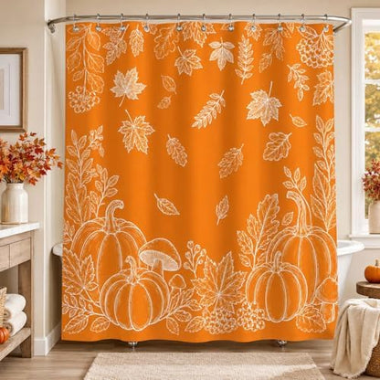 Fall Shower Curtain, Orange Pumpkin Maple Leaves Botanical Line Art Bathroom Curtain, Autumn Harvest Farmhouse Waterproof Polyester Fabric Shower Curtain with Hooks, 72x72 Inch