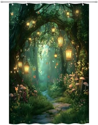 Fantasy Forest Path Shower Curtain Fairy Magical Enchanted Misty Jungle Mushroom Floral Tree Butterfly Lantern Wonderland Bath Curtain Fabric Bathroom Accessories Decor with Hooks 35W x70L