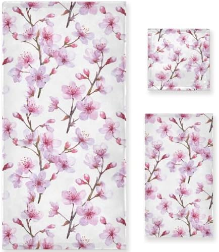 Naanle Romantic Pink Cherry Blossoms Soft Decor 3 Pcs Towels Set, 1 Bath Towel+1 Hand Towel+1 Washcloth, Multipurpose for Bathroom, Hotel, Gym, Spa and Beach