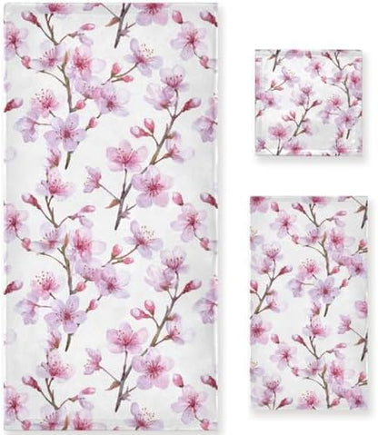 Naanle Romantic Pink Cherry Blossoms Soft Decor 3 Pcs Towels Set, 1 Bath Towel+1 Hand Towel+1 Washcloth, Multipurpose for Bathroom, Hotel, Gym, Spa and Beach
