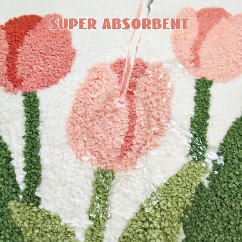 Pink Tulip Bath Mat 32x20, Soft Fluffy Fresh Flowers Bathroom Rug