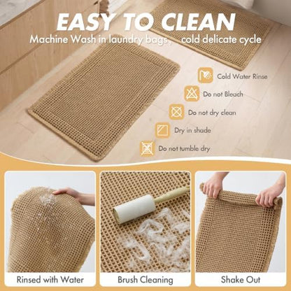 MIULEE Set of 2 Waffle Bathroom Rugs Bordered Mat Brown 17"x24"+18"x30"