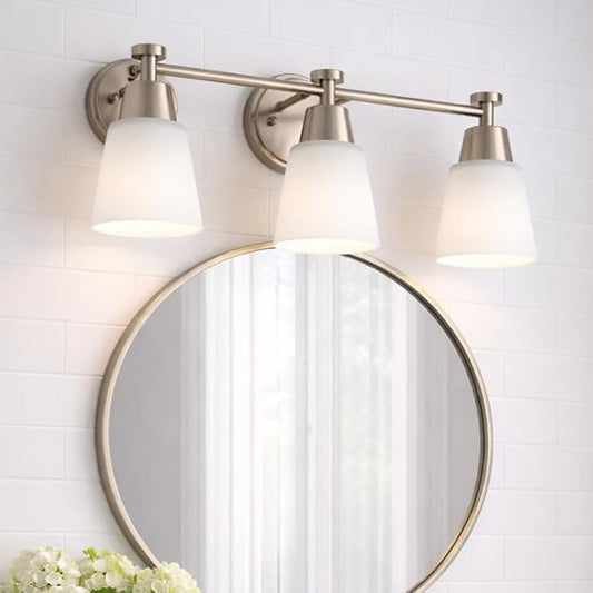 3-Light Bathroom Vanity Light, Brushed Nickel Finish with Milk Glass Shades, Over Mirror, for Bathroom Vanity