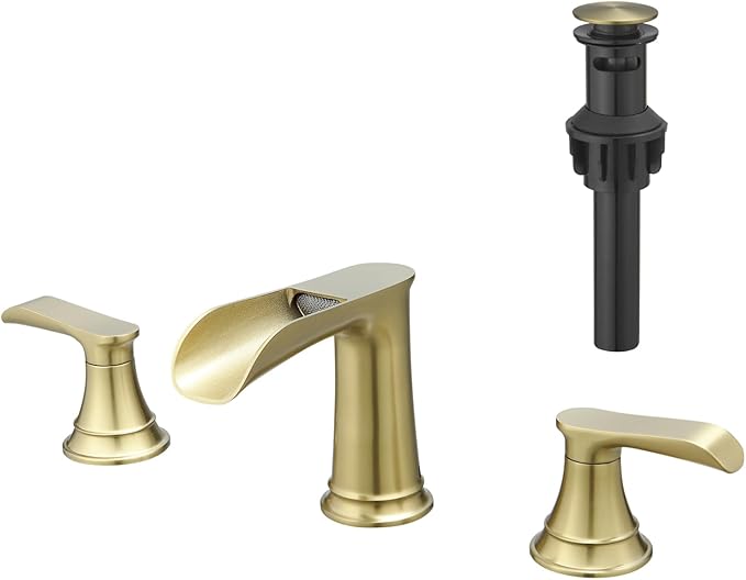 3-Hole 8-Inch Widespread Bathroom Faucet with Pop-Up Drain & Double Lever Handle - Brushed Gold Brass