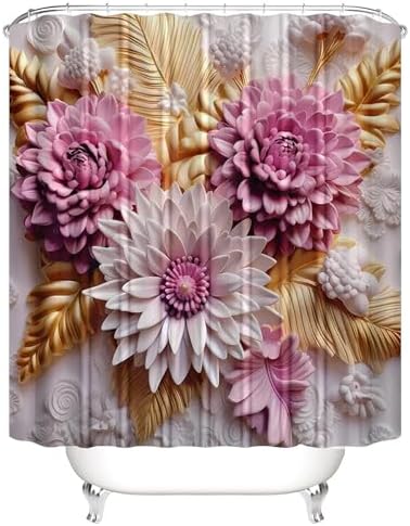 Chrainy 4pcs Pink Flowers Shower Cutain Bathroom Decor Sets with Rugs
