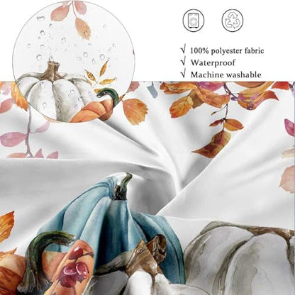 Fall Pumpkin Shower Curtain, Thanksgiving Autumn Maple Leaves Watercolor Floral Harvest Boho Bathroom Curtains with Hooks for Bathroom Bathtubs Decor, Waterproof Polyester Fabric 48x72