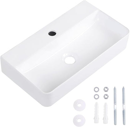 Wall Mount Bathroom Sink 21"x12" Small Vessel Sink Wall Mounted Rectangular Wall Hung Mini White Porcelain Ceramic Floating Tiny Sink,Easy Install, Durable, Space-Saving, Ideal for Home,RV