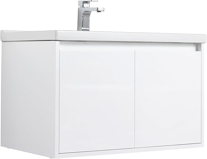 Blossom 32 Inch Wall Mounted Bathroom Vanity with Sink | Floating Wood Vanity Cabinet | Modern Soft-Close Doors & Storage | Ceramic Basin | Space-Saving Design (Glossy White, 32'' Ceramic Sink)