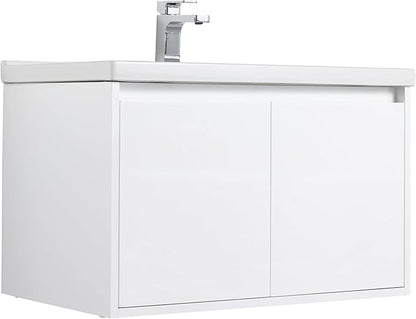 Blossom 32 Inch Wall Mounted Bathroom Vanity with Sink | Floating Wood Vanity Cabinet | Modern Soft-Close Doors & Storage | Ceramic Basin | Space-Saving Design (Glossy White, 32'' Ceramic Sink)