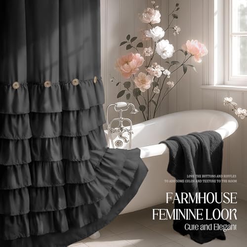 Ruffle Farmhouse Shower Curtain, Black Vintage Shower Curtains for Bathroom Fabric Cute Rustic Cloth, 72" W X 72" L Inch