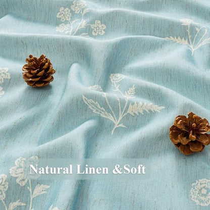 ORTIGIA Light Blue Linen Shower Curtain Farmhouse Vintage Floral Shower Curtains Baby Blue Boho Rustic Block Print Cottagecore Decor for Bathroom 72 W x 72 L