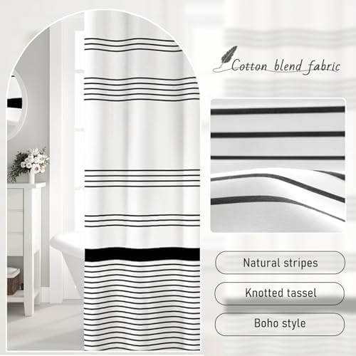 Black and White Boho Cotton Striped Shower Curtain with Tassel 72"W X 72"L