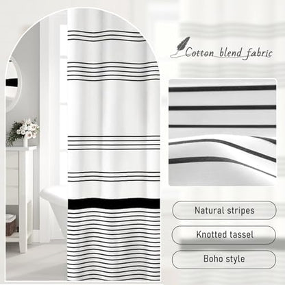Black and White Boho Cotton Striped Shower Curtain with Tassel 72"W X 72"L
