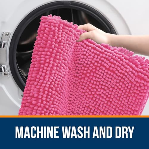 OLANLY Chenille Bathroom Rugs Mats Sets 2 Piece, 36"x24"+24"x20", Hot Pink