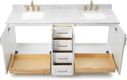 ARIEL Taylor 72-inch Bathroom Vanity with Sink,Solid Wood, 0.75-inch Italian Carrara Marble Countertop, Double Rectangular Porcelain Sink, 4 Soft Closing Doors, 6 Dovetail Drawers, White
